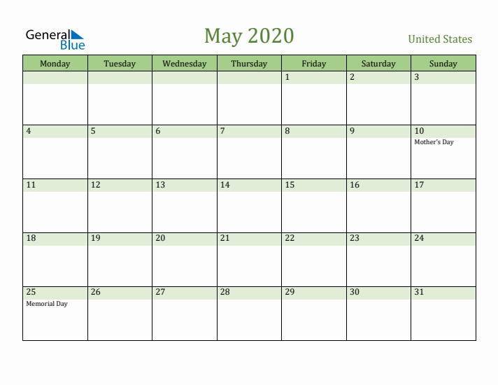 May 2020 Calendar with United States Holidays