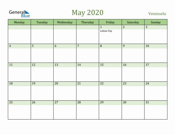 May 2020 Calendar with Venezuela Holidays