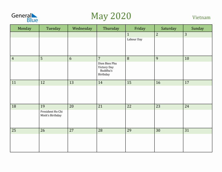 May 2020 Calendar with Vietnam Holidays