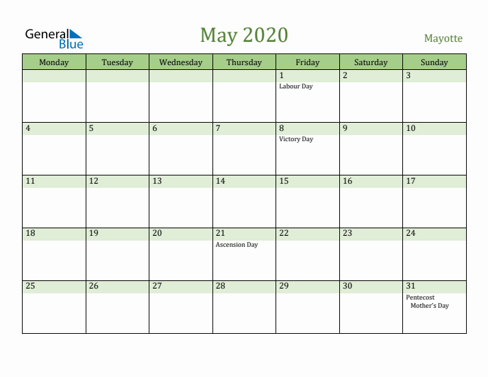 May 2020 Calendar with Mayotte Holidays