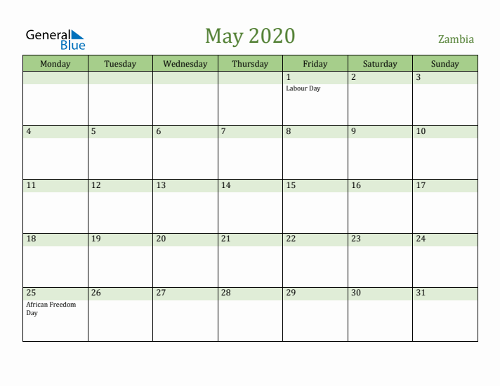 May 2020 Calendar with Zambia Holidays