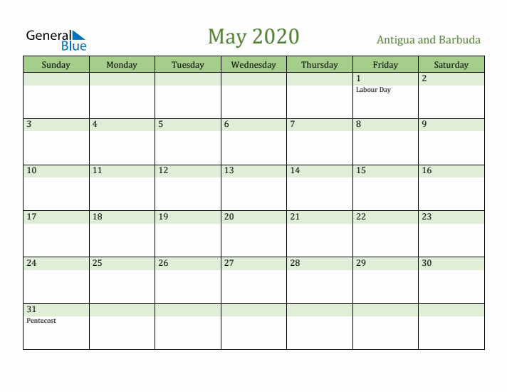 May 2020 Calendar with Antigua and Barbuda Holidays