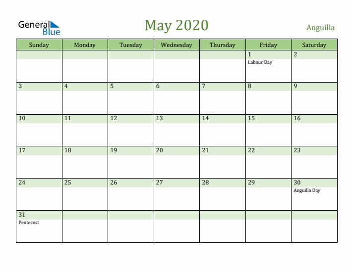 May 2020 Calendar with Anguilla Holidays