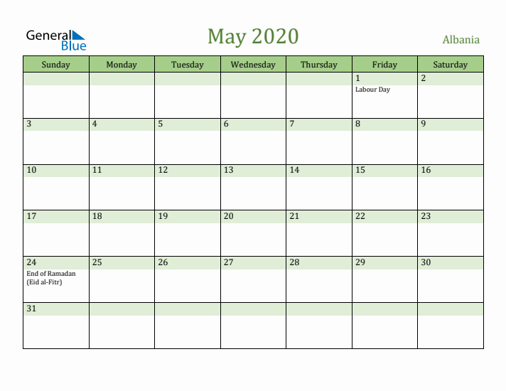 May 2020 Calendar with Albania Holidays