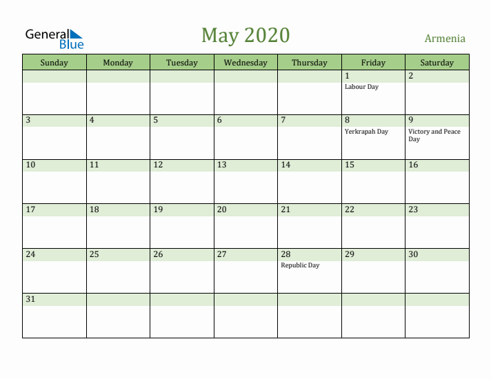 May 2020 Calendar with Armenia Holidays