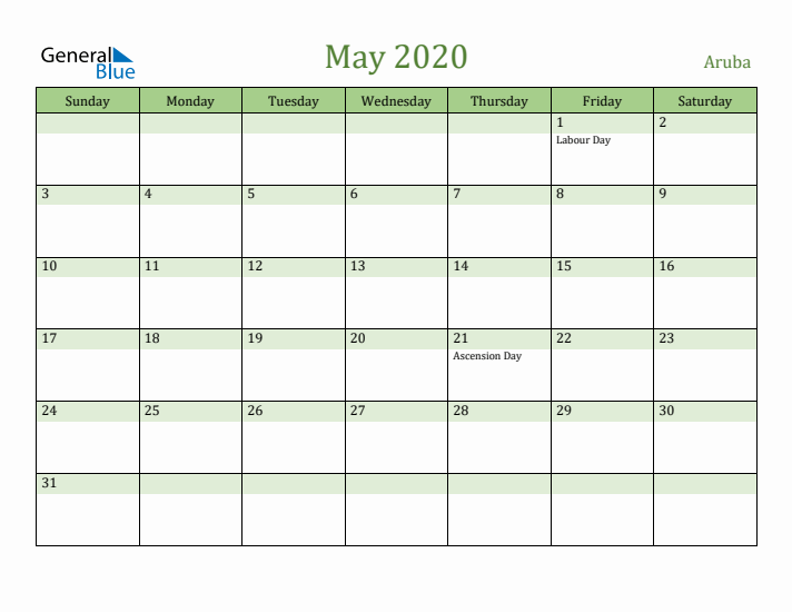 May 2020 Calendar with Aruba Holidays