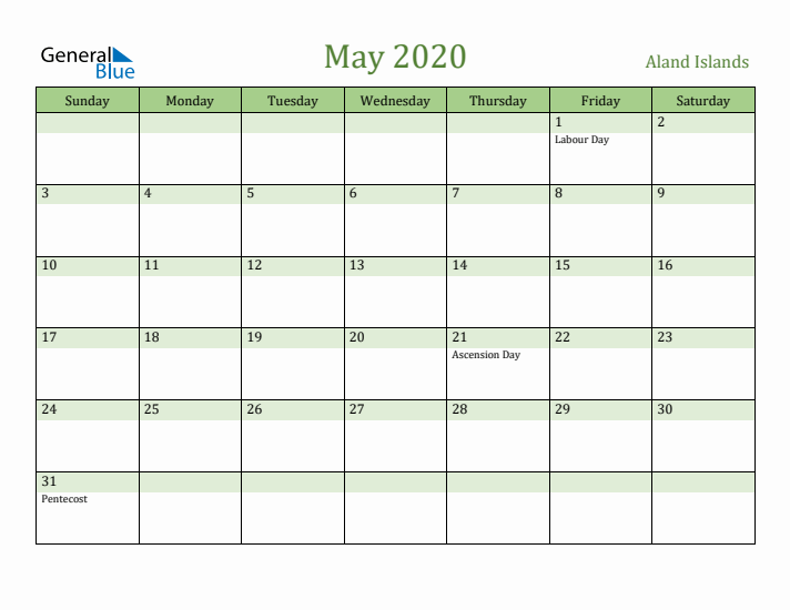 May 2020 Calendar with Aland Islands Holidays