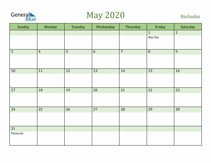 May 2020 Calendar with Barbados Holidays