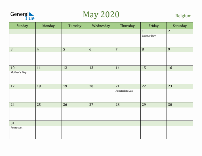 May 2020 Calendar with Belgium Holidays