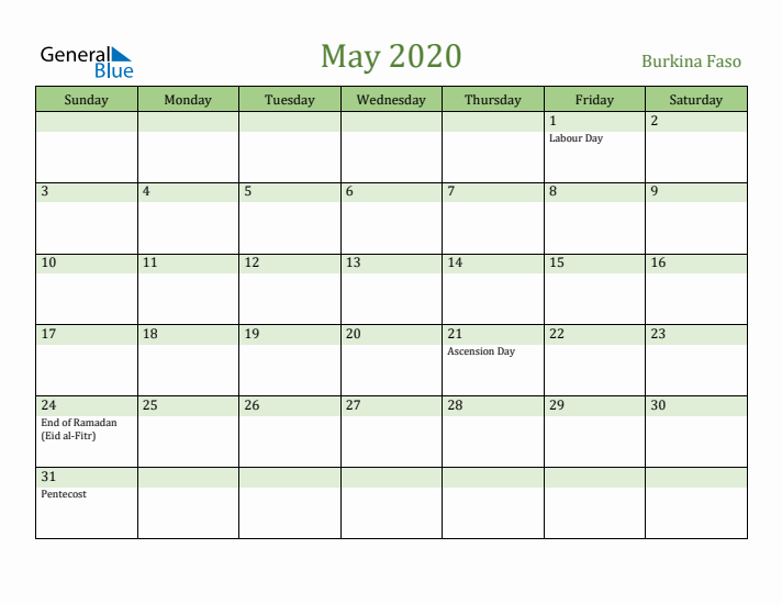 May 2020 Calendar with Burkina Faso Holidays