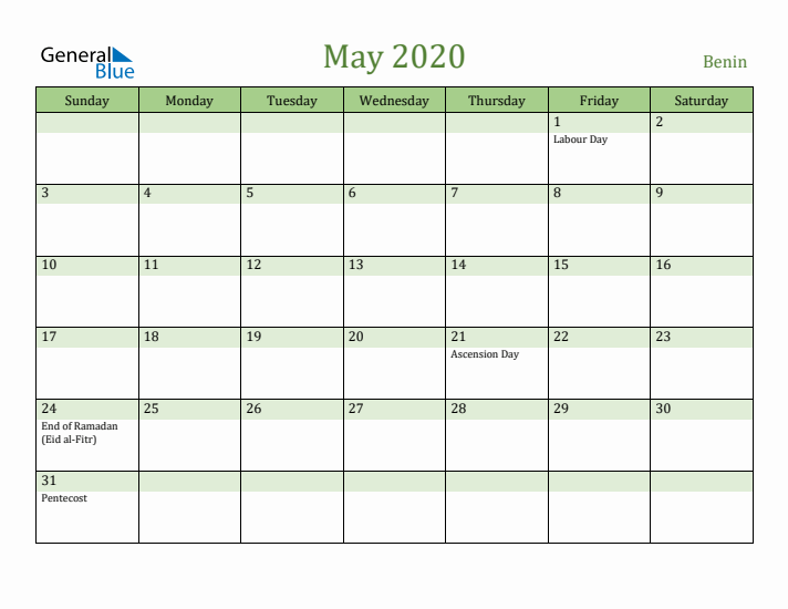 May 2020 Calendar with Benin Holidays