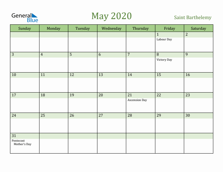 May 2020 Calendar with Saint Barthelemy Holidays