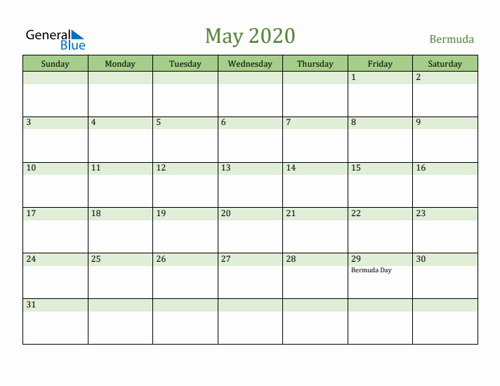 May 2020 Calendar with Bermuda Holidays