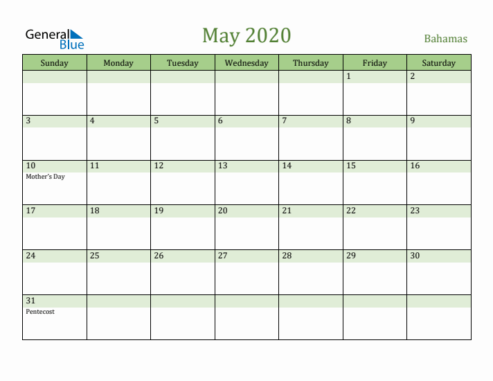 May 2020 Calendar with Bahamas Holidays