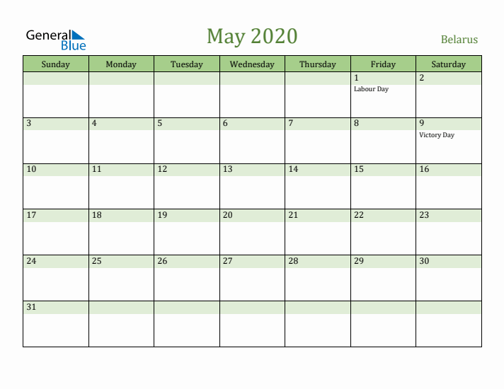 May 2020 Calendar with Belarus Holidays