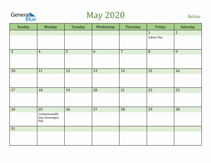 May 2020 Calendar with Belize Holidays