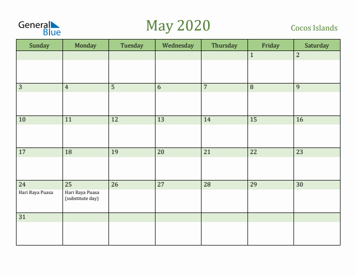 May 2020 Calendar with Cocos Islands Holidays