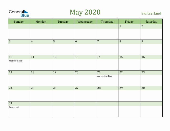 May 2020 Calendar with Switzerland Holidays