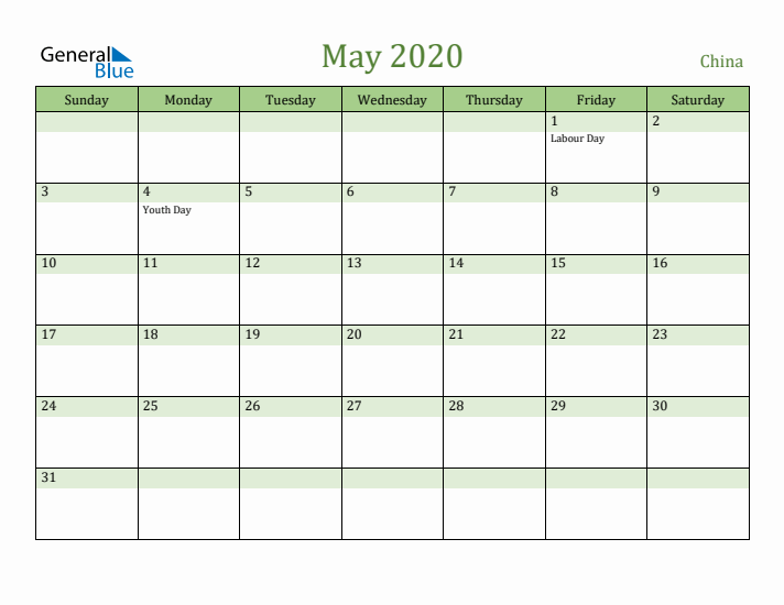 May 2020 Calendar with China Holidays