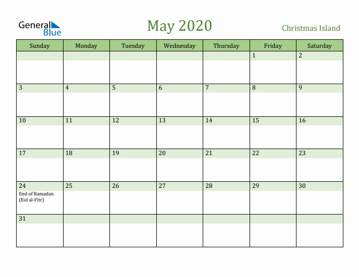 May 2020 Calendar with Christmas Island Holidays