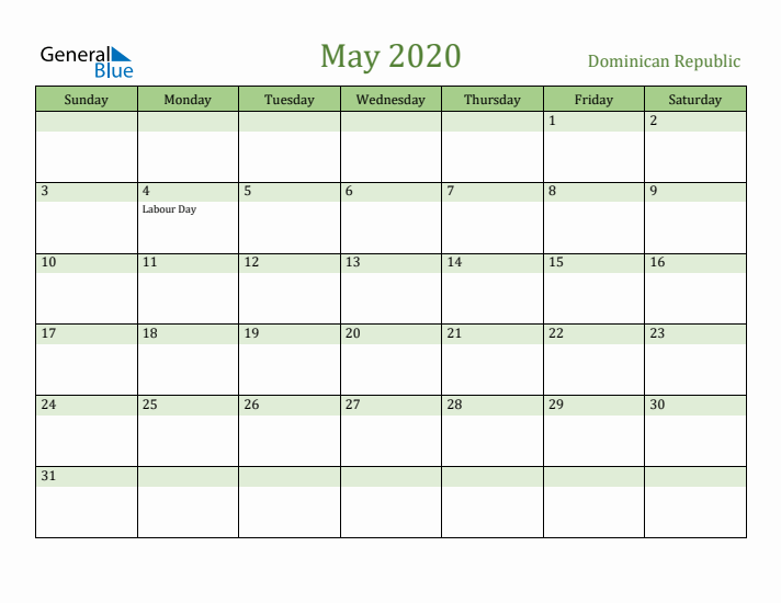 May 2020 Calendar with Dominican Republic Holidays