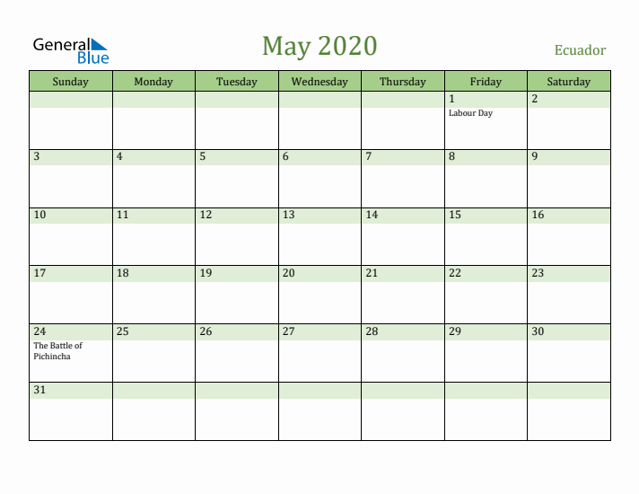 May 2020 Calendar with Ecuador Holidays