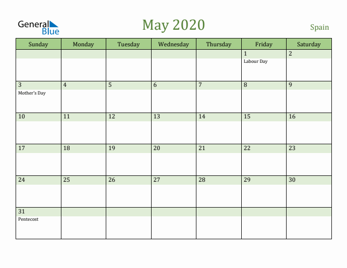 May 2020 Calendar with Spain Holidays