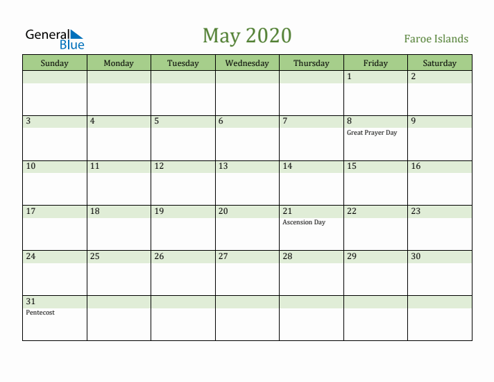 May 2020 Calendar with Faroe Islands Holidays