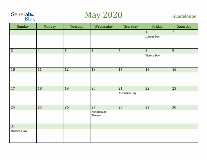 May 2020 Calendar with Guadeloupe Holidays