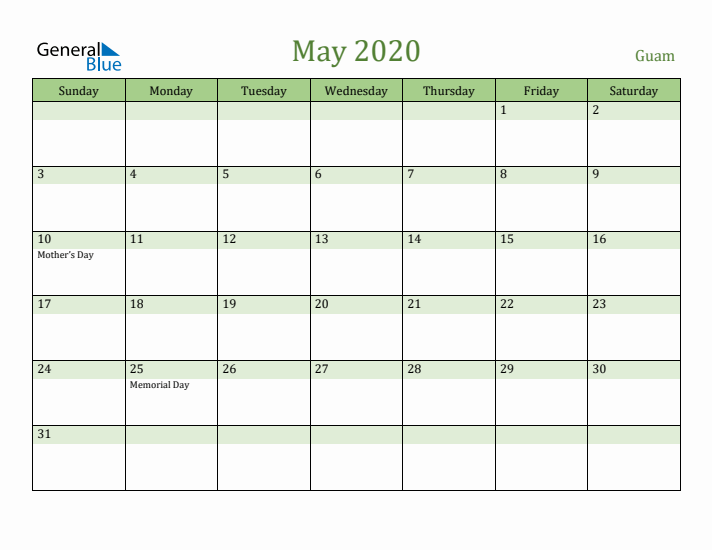 May 2020 Calendar with Guam Holidays