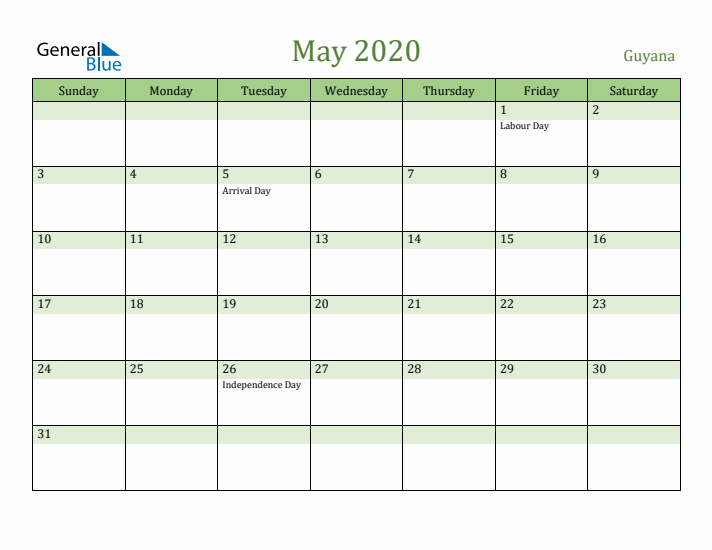 May 2020 Calendar with Guyana Holidays