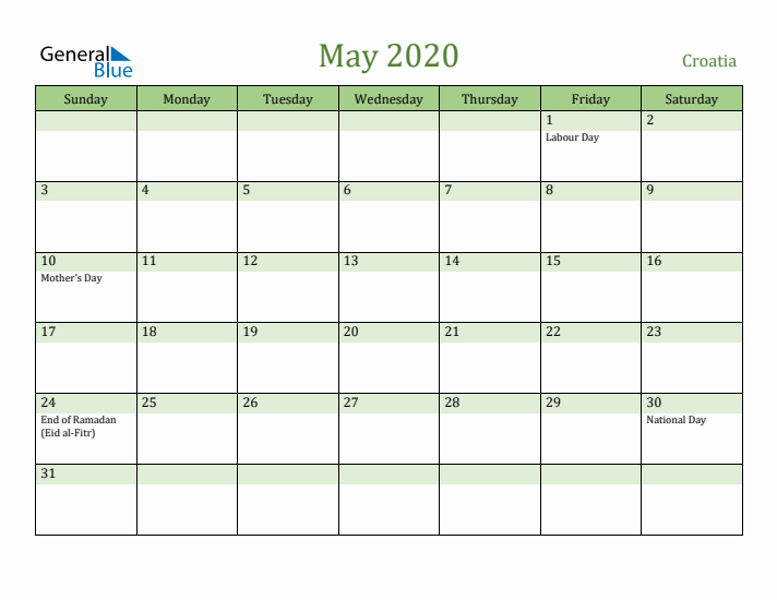 May 2020 Calendar with Croatia Holidays