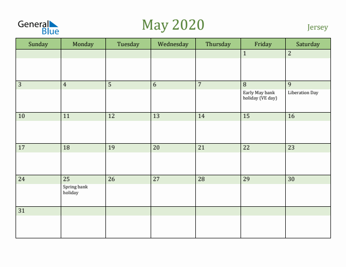 May 2020 Calendar with Jersey Holidays