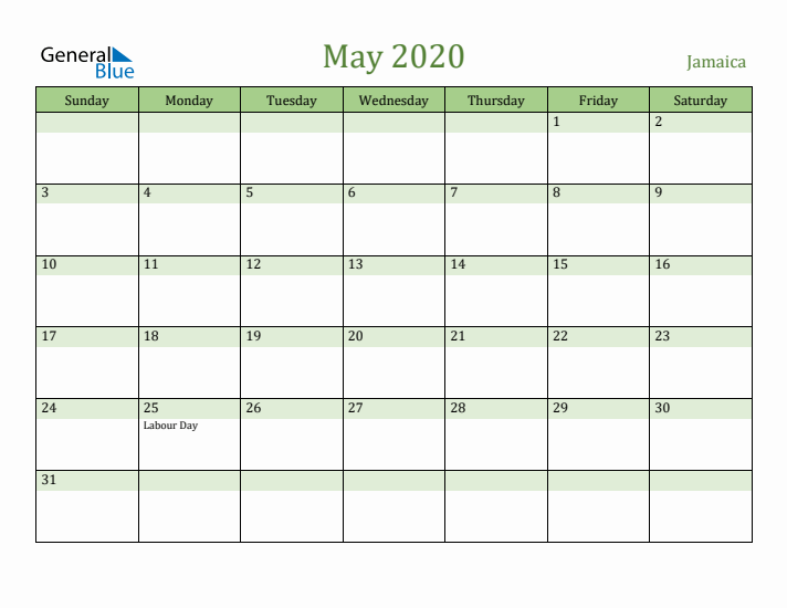 May 2020 Calendar with Jamaica Holidays