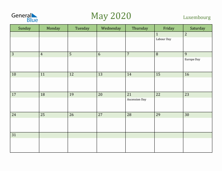 May 2020 Calendar with Luxembourg Holidays