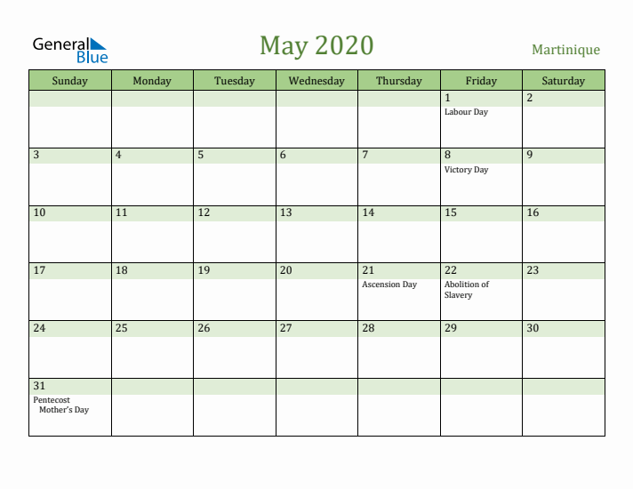 May 2020 Calendar with Martinique Holidays