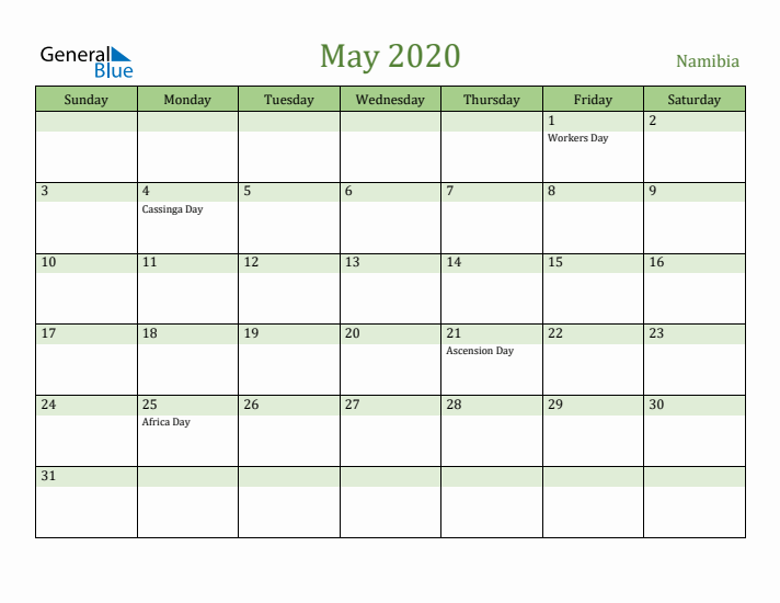 May 2020 Calendar with Namibia Holidays