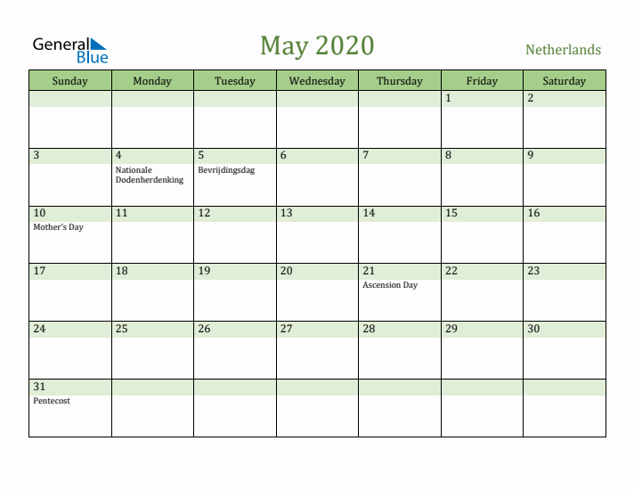 May 2020 Calendar with The Netherlands Holidays