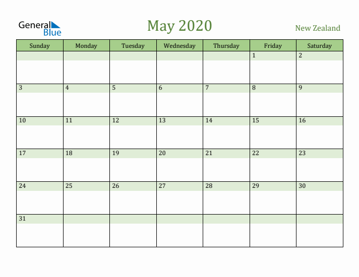 May 2020 Calendar with New Zealand Holidays