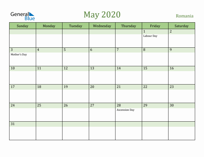 May 2020 Calendar with Romania Holidays