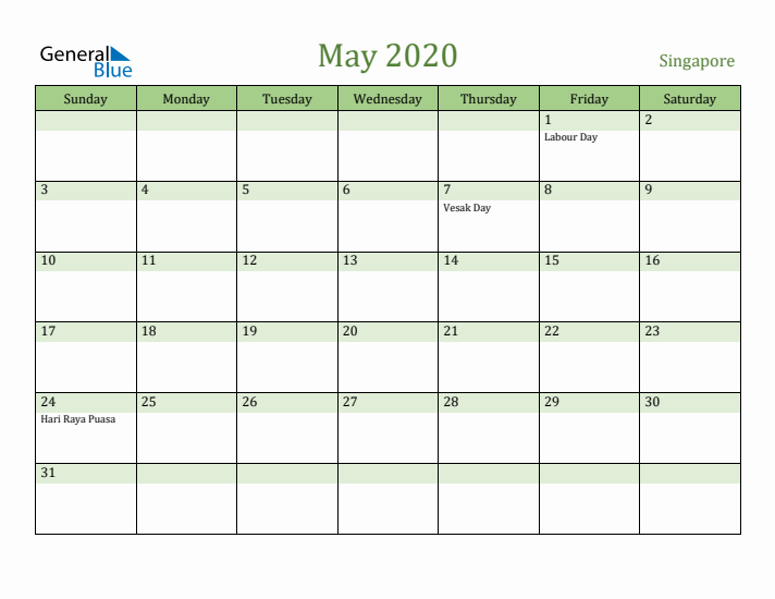 May 2020 Calendar with Singapore Holidays