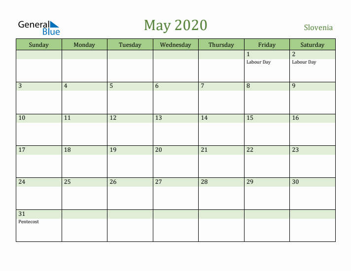 May 2020 Calendar with Slovenia Holidays