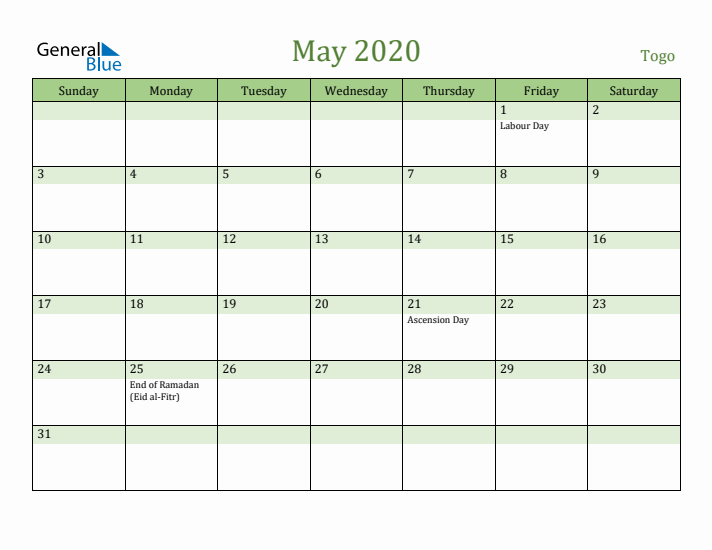 May 2020 Calendar with Togo Holidays