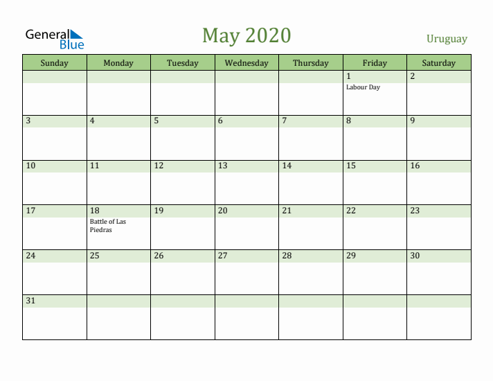 May 2020 Calendar with Uruguay Holidays