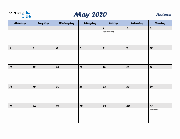 May 2020 Calendar with Holidays in Andorra