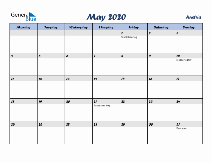 May 2020 Calendar with Holidays in Austria