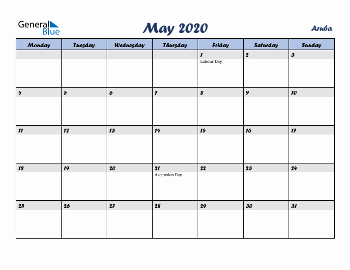 May 2020 Calendar with Holidays in Aruba