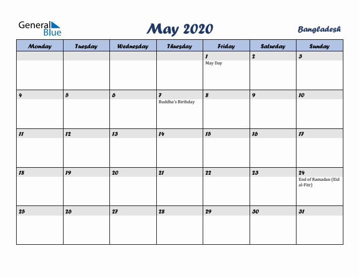 May 2020 Calendar with Holidays in Bangladesh