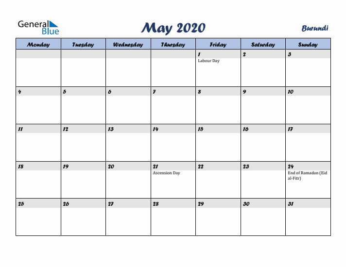 May 2020 Calendar with Holidays in Burundi