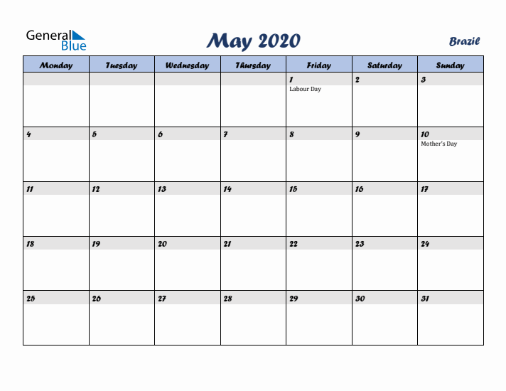 May 2020 Calendar with Holidays in Brazil